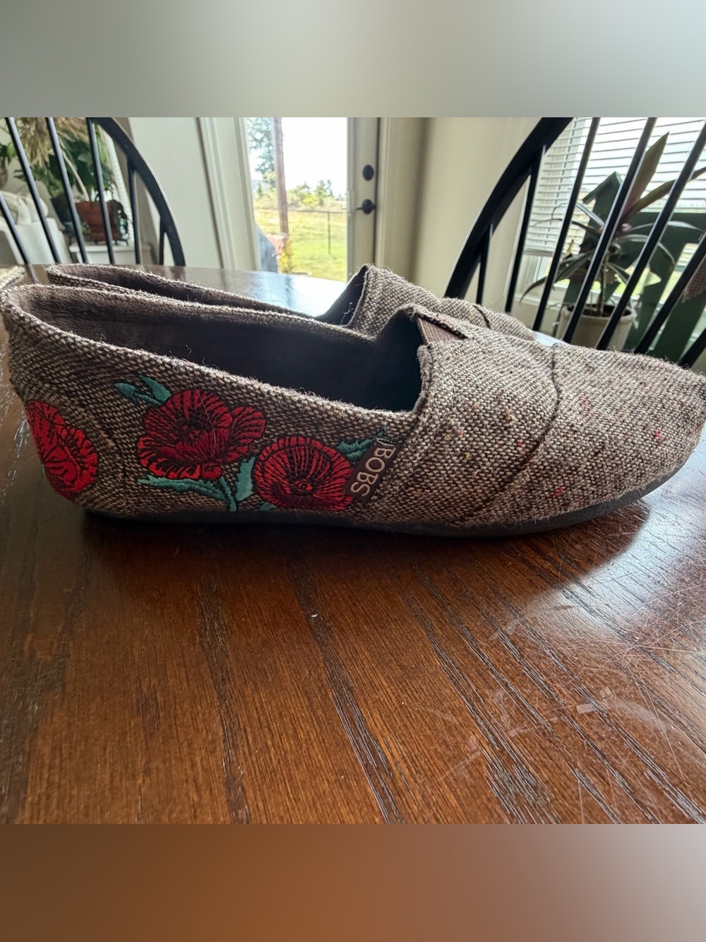 Skechers BOBS Brown Slip-On Flats with Red Floral Embroidery